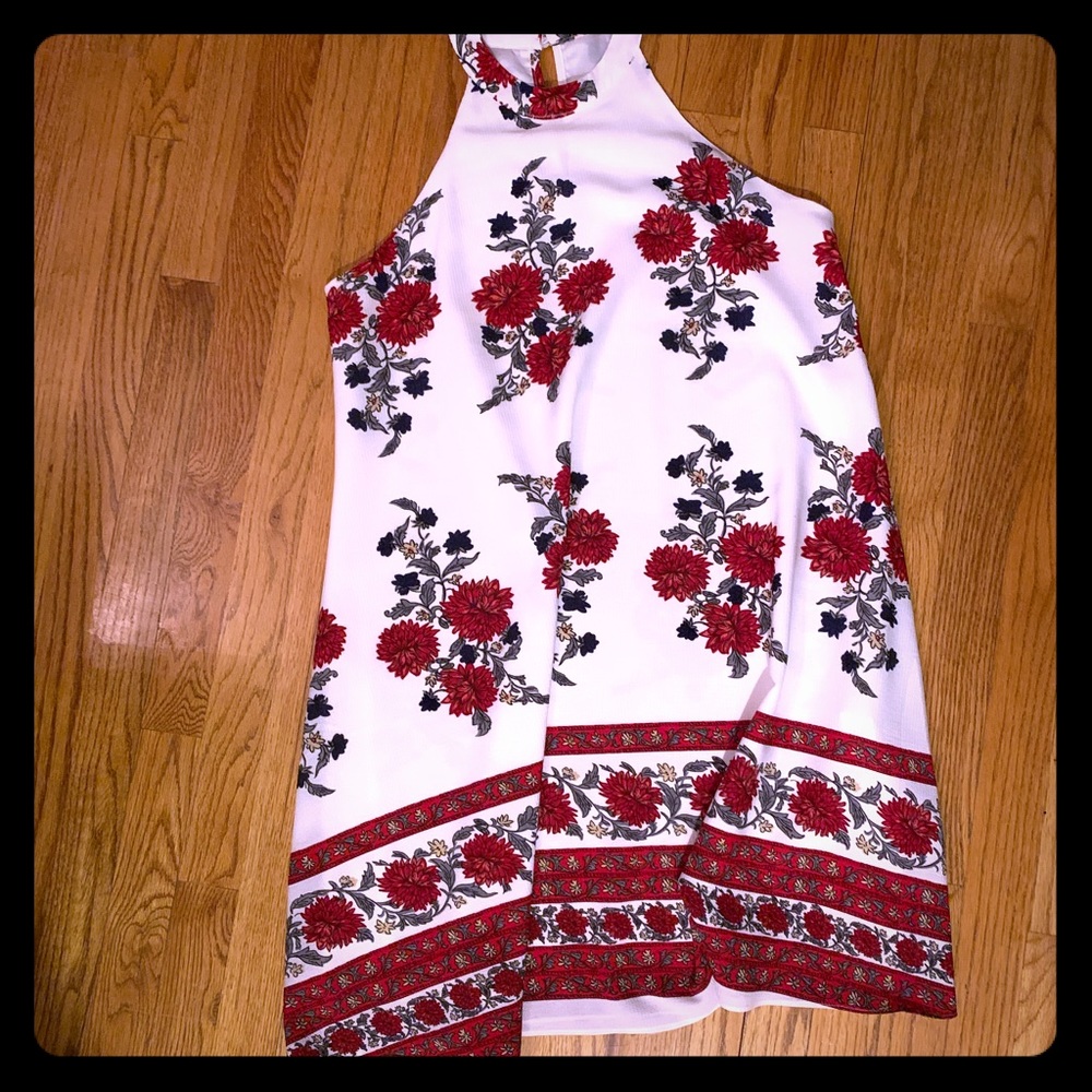Lovely cream dress with burgundy flowers.